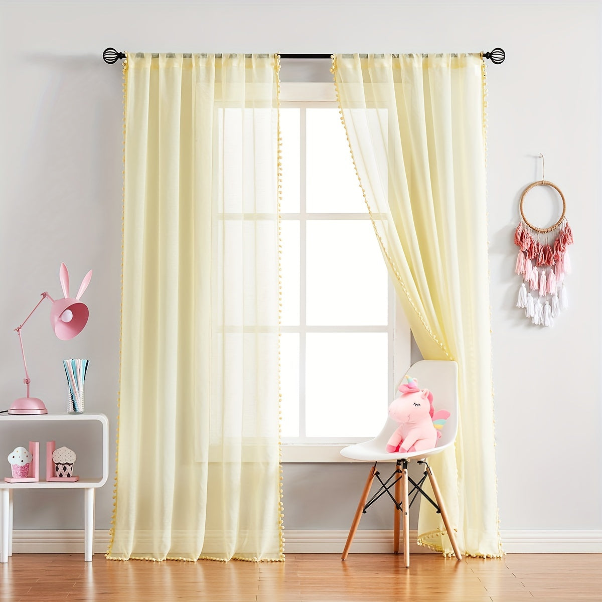 2pcs Heat Insulating Sheer Curtain with Pom Poms - Translucent Rod Pocket Window Treatment for Bedroom, Office, Kitchen, Living Room, Study - Home Decor