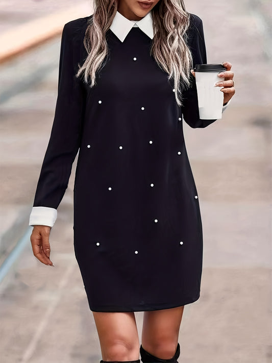 Plus Size Casual Dress, Women's Plus Colorblock Faux Pearl Decor Long Sleeve Turn Down Collar Mini Dress