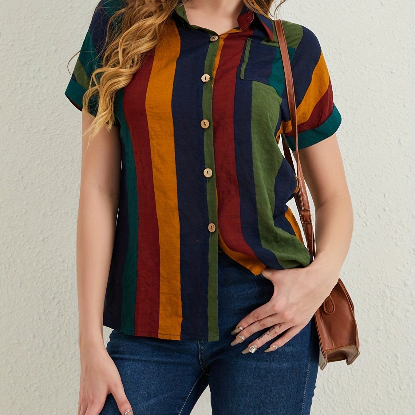 Sixsr Striped Button Front Blouse, Casual Short Sleeve Blouse For Spring & Summer, Women's Clothing
