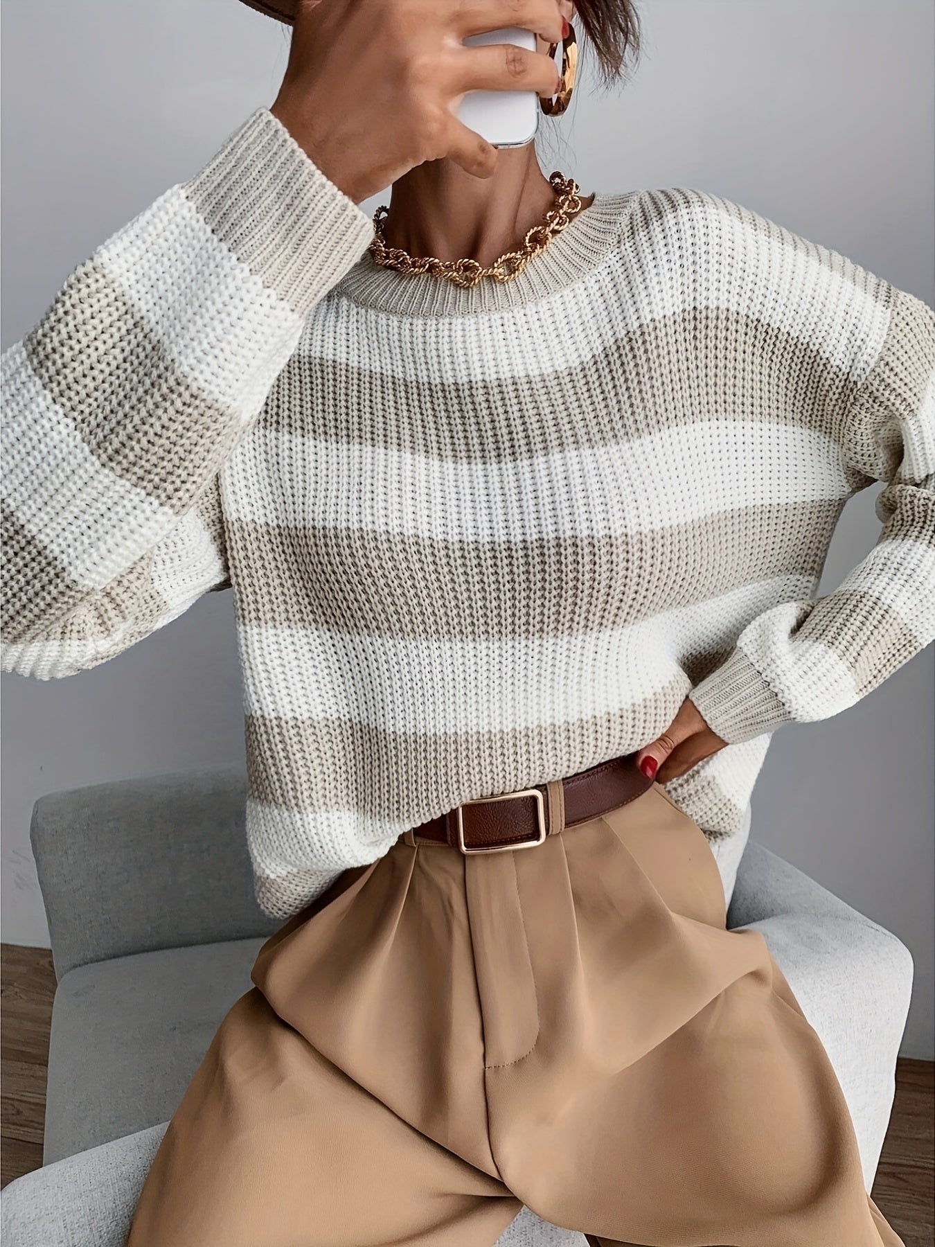 Sixsr Color Block Drop Shoulder Sweater, Casual Long Sleeve Sweater For Fall & Winter, Women's Clothing