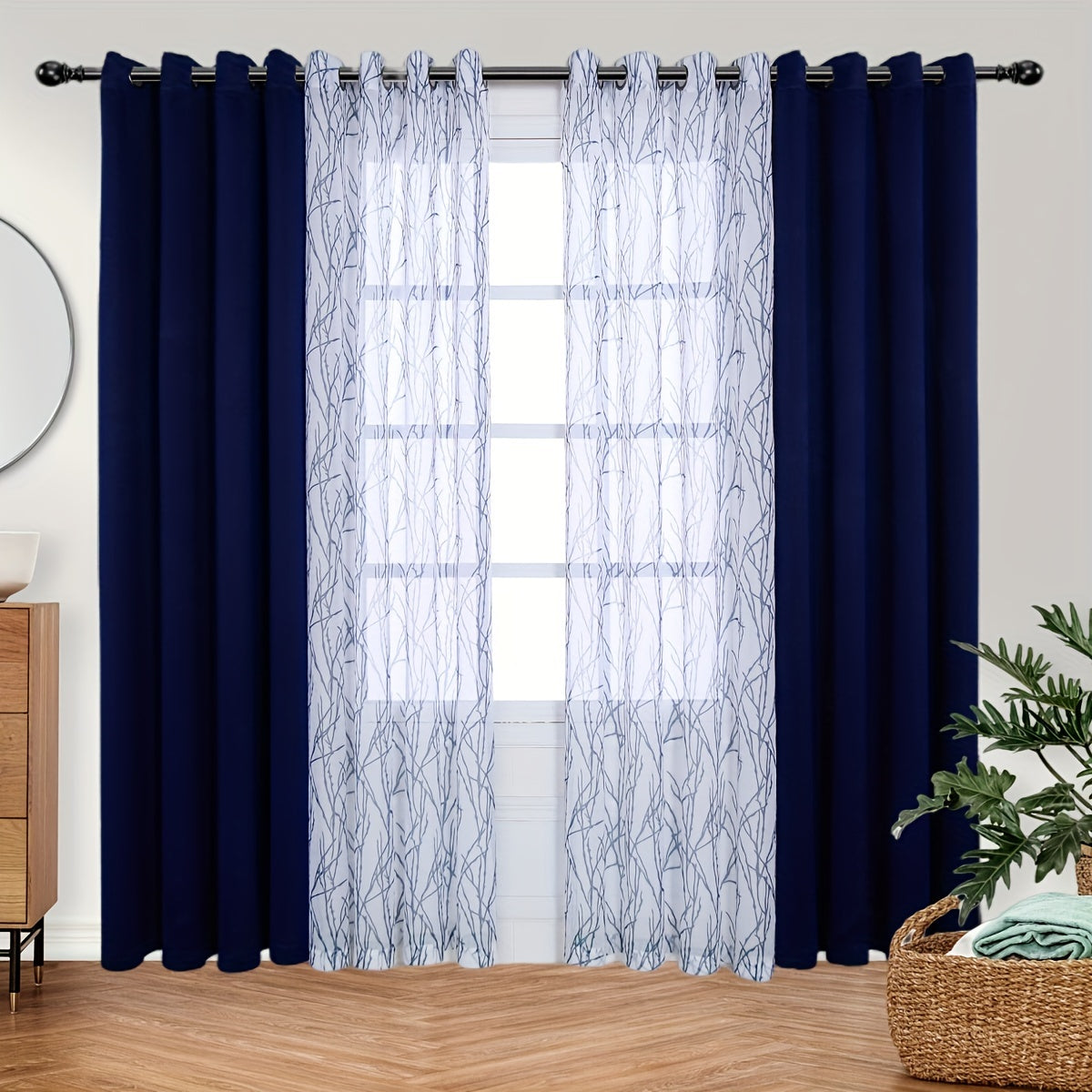 1 Panel Branch Printed Sheer Curtain + 1 Panel Blackout Curtain - Panels for Bedroom, Office, Living Room Home Decor with Grommet Top Window Drapes