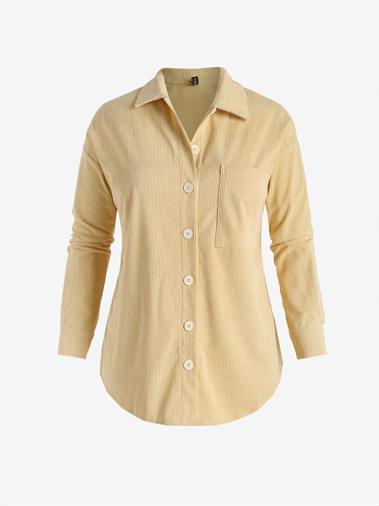 Sixsr Plus Size Corduroy Solid Button Front Outerwear, Women's Plus Elegant Long Sleeve Coat