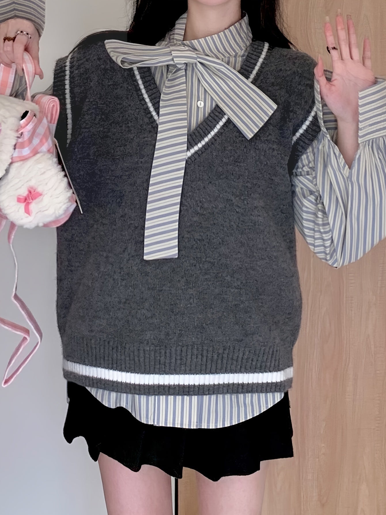 Sixsr Contrast Trim Sweater Vest, Preppy Sleeveless V Neck Vest, Women's Clothing