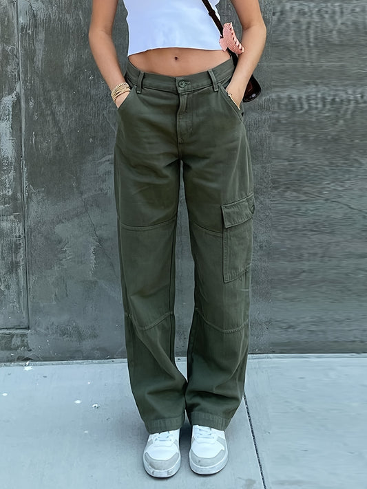 Sixsr Green Loose Fit Straight Jeans, Flap Muti-Pockets Wide Legs Non-Stretch Denim Pants, Women's Denim Jeans & Clothing