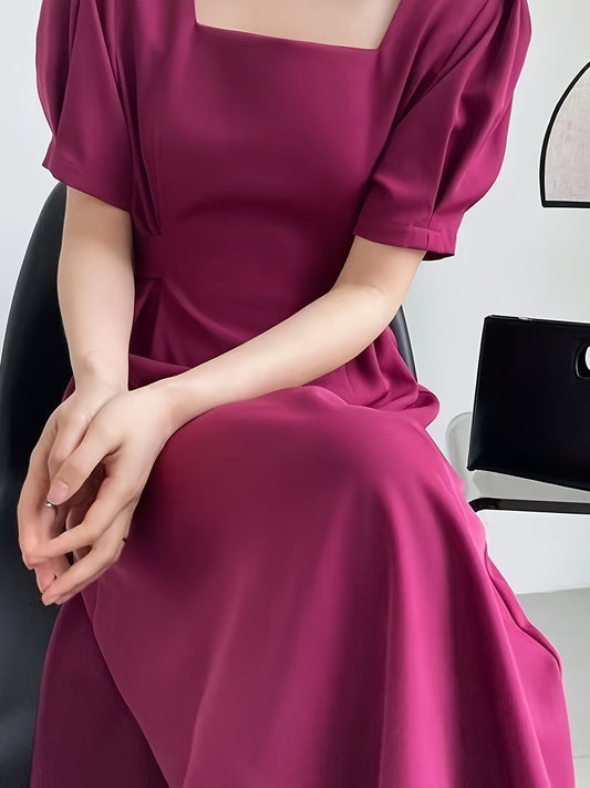 Sixsr Solid Squared Neck Short Sleeve Tie Back Dress, Elegant Ruffled Hem Stylish Maxi Dress, Women's Clothing