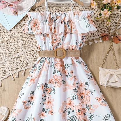 Sweet Girls Flora Print 2pcs Set Ruffle Trim Cami Top + Skirt With Belt Set For Spring Summer Party