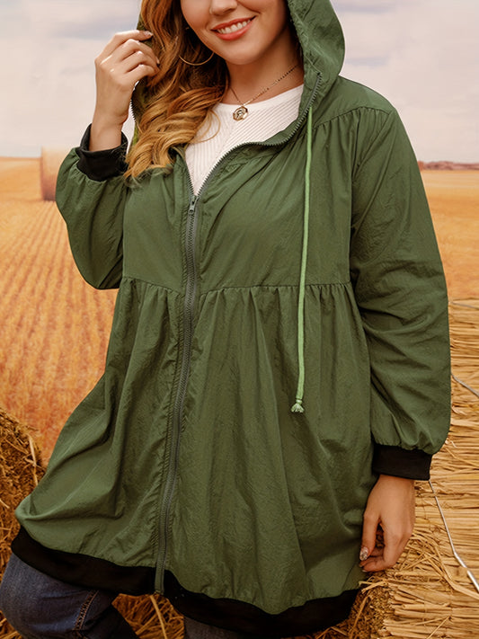 Sixsr Plus Size Casual Coat, Women's Plus Contrast Trim Zip Up Long Sleeve Drawstring Hooded Coat