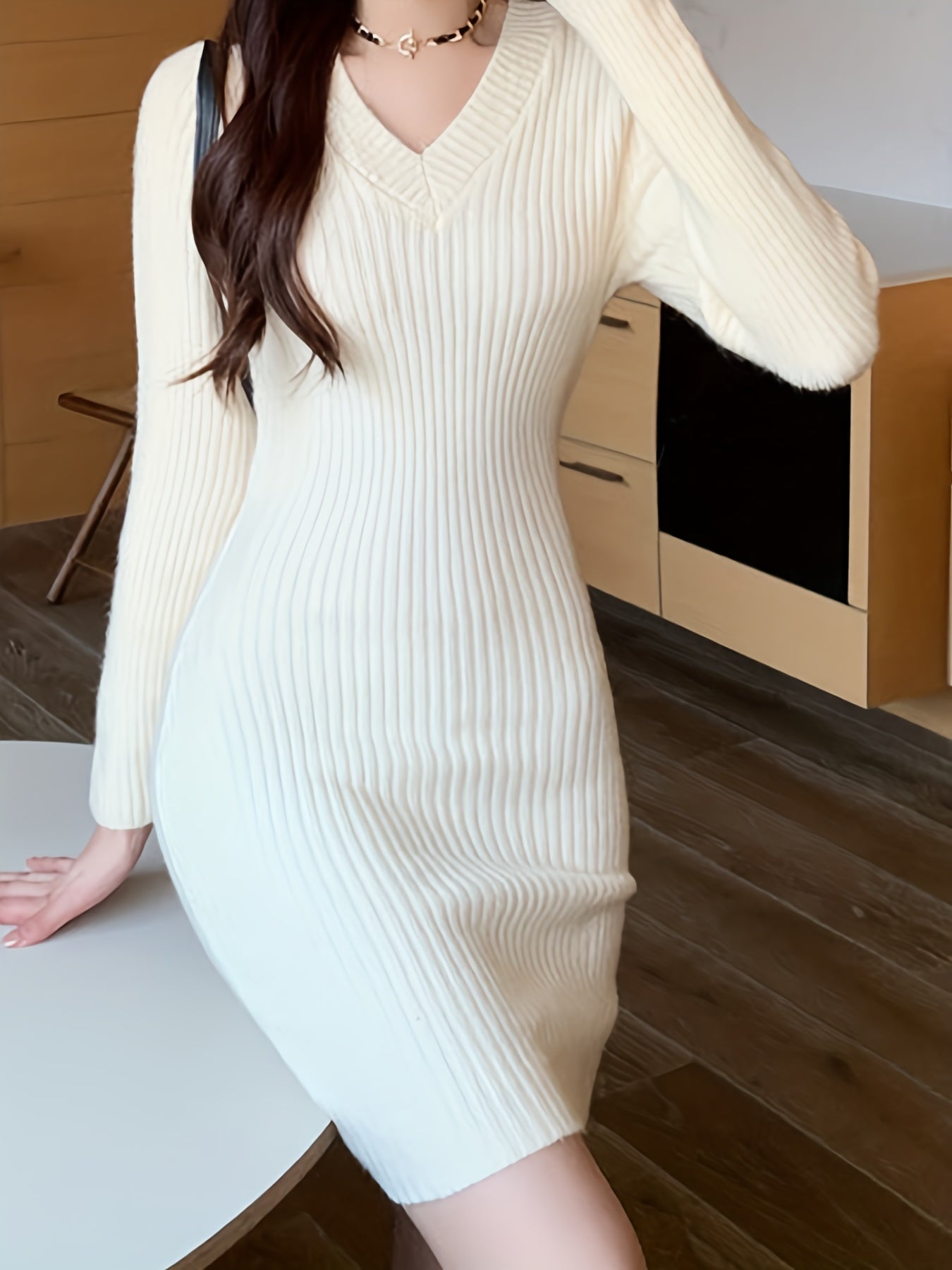 Sixsr Solid Knit Sweater Dress, Elegant V Neck Long Sleeve Bodycon Dress For Fall & Winter, Women's Clothing