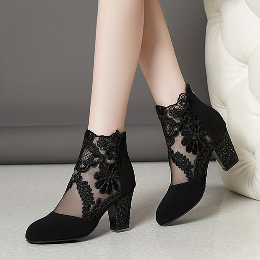 Sixsr Women's Floral Lace Pattern Boots, Back Zipper Chunky Heel Casual Breathable Boots, Trendy Comfy Daily Shoes