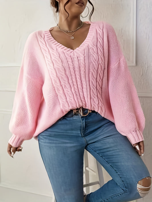 Sixsr Solid V Neck Cable Knit Sweater, Casual Long Sleeve Loose Sweater, Women's Clothing