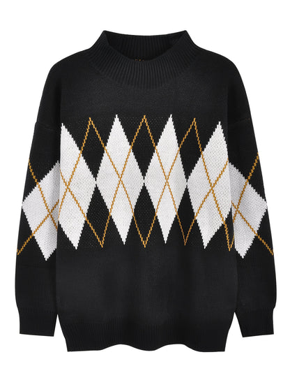 Sixsr Argyle Pattern Knit Sweater, Casual Long Sleeve Pullover Sweater, Women's Clothing