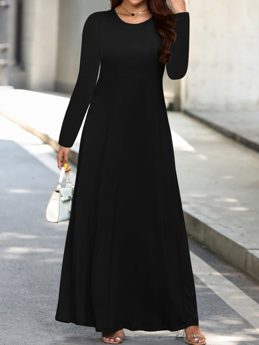 Sixsr Plus Size Casual Dress, Women's Plus Solid Long Sleeve Round Neck High Stretch Maxi Dress