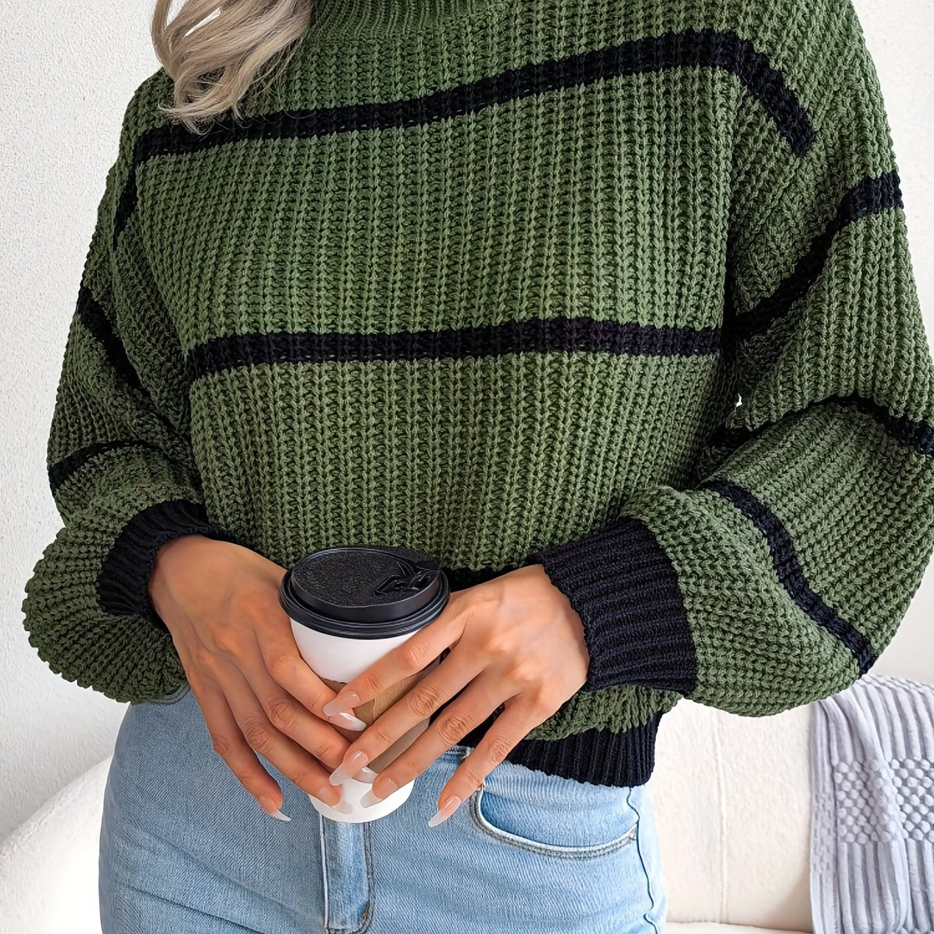 Sixsr Striped Color Block Crew Neck Sweater, Casual Long Sleeve Loose Fall Winter Knit Sweater, Women's Clothing