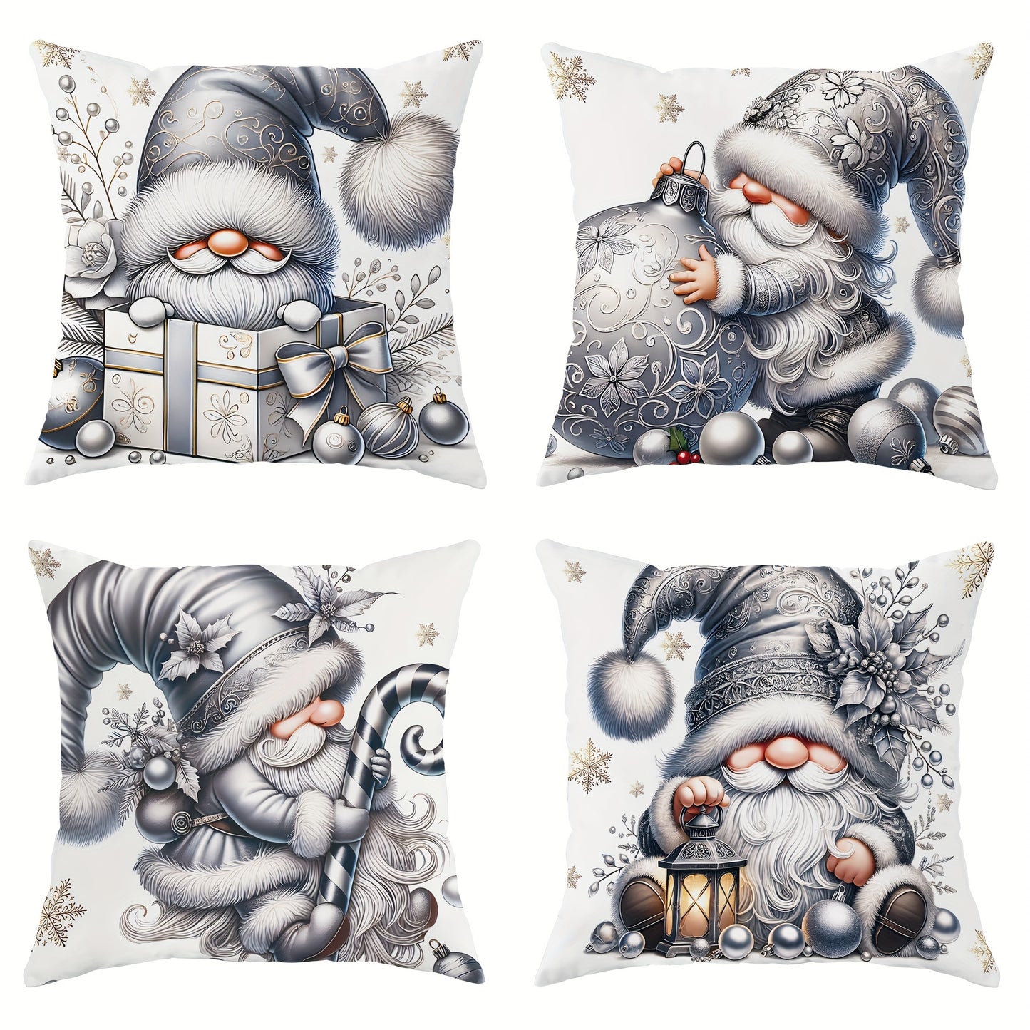 Set of 4 Christmas Gnome and Poinsettia Decorative Cushion Covers, 18x18 Inch, Contemporary Style Zippered Cases for Sofa and Living Room, Machine Washable, 100% Polyester, Woven Fabric Inserts Not Included