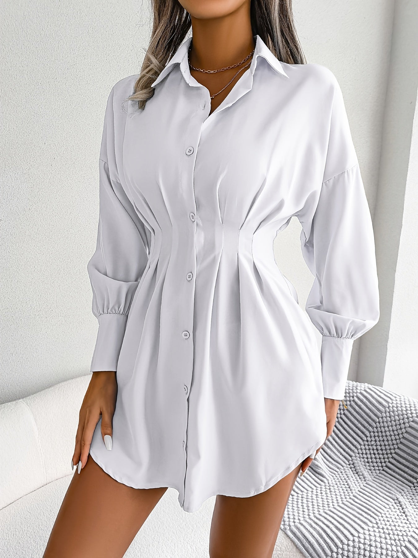 V-neck Loose Lapel Long Blouses, Casual Button Down Lantern Long Sleeve Fashion Long Shirts Tops, Women's Clothing