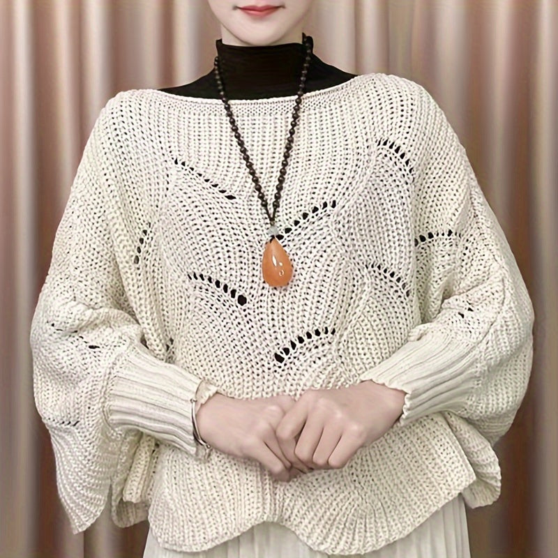 Sixsr Knitted Hollow Out Pullover Poncho Solid Color Batwing Loose Shawl Women's Stylish Round Neck Outerwear Smock