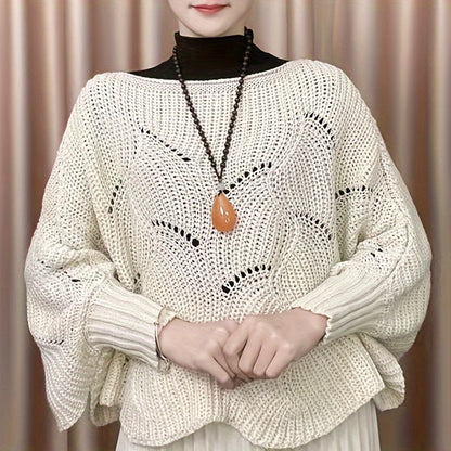 Sixsr Knitted Hollow Out Pullover Poncho Solid Color Batwing Loose Shawl Women's Stylish Round Neck Outerwear Smock