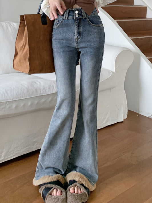 Sixsr High Waist Niche Bootcut Jeans, Plush Stitching Double Button Slant Pockets Denim Pants, Women's Denim Jeans & Clothing