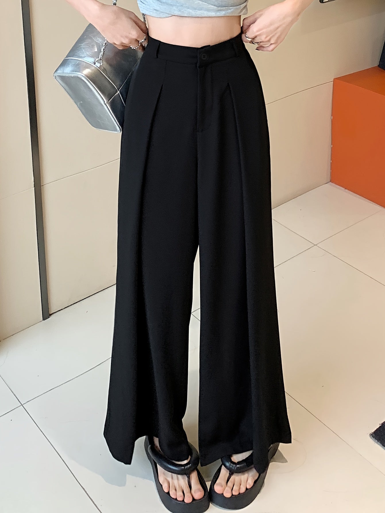 Sixsr Solid Button Front Wide Leg Pants, Versatile High Waist Pants For Spring & Fall, Women's Clothing