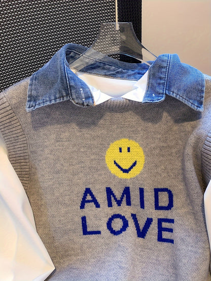 Smile Face & Letter Print Sweater Vest, Casual Sleeveless Vest For Fall & Winter, Women's Clothing
