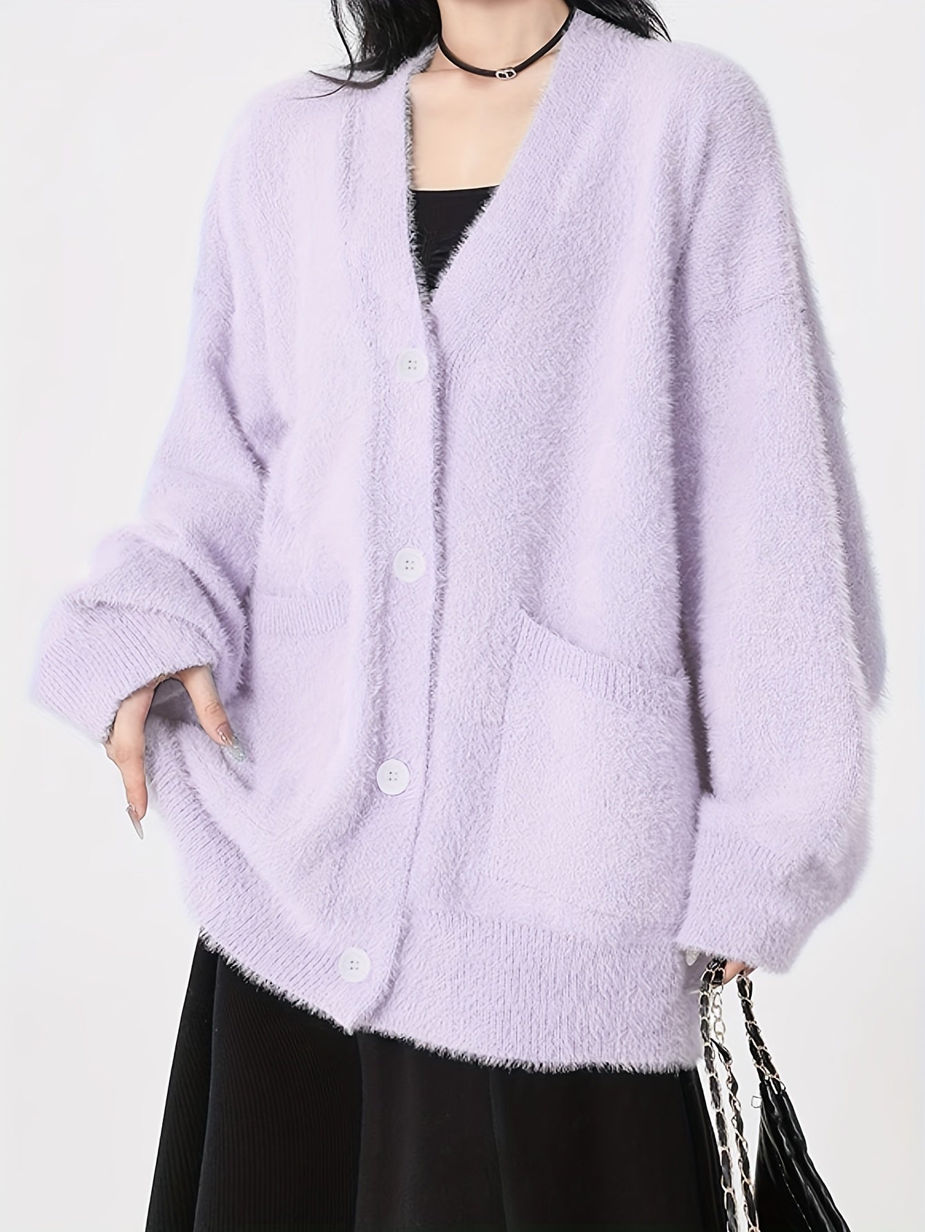 Sixsr Solid Button Front Knitted Cardigan, Casual Simple V Neck Long Sleeve Cardigan With Pockets For Fall & Winter, Women's Clothing