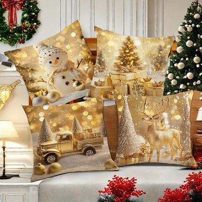 Set of 4 Christmas Throw Pillow Covers, Contemporary Style Hand Wash Zippered Polyester Cushion Cases, 17.72 Inch Square Decorative Pillowcases with Snowman, Reindeer, Christmas Tree, and Truck Designs for Living Room Sofa Decor