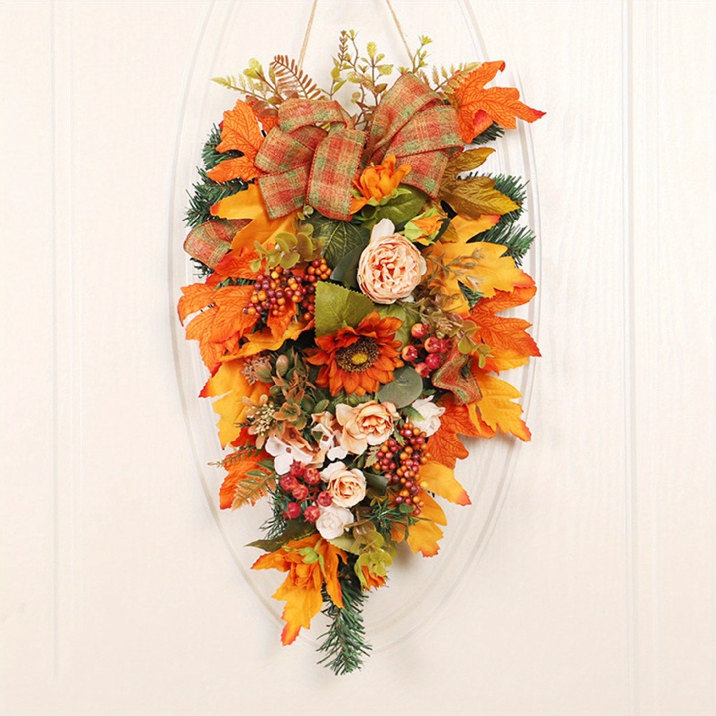 21" Fall Wreath for Front Door Decor with Sunflowers, Peony, Maple Leaves and Berries Autumn Harvest Thanksgiving Decoration