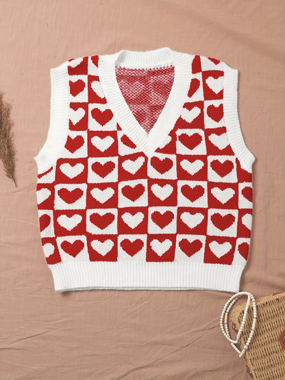 Sixsr Heart Pattern V Neck Knitted Vest, Y2K Sleeveless Vest For Spring & Fall, Women's Clothing