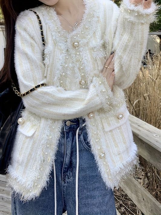 Sixsr Solid Beaded Button Outwear, Elegant Long Sleeve Knit Outwear For Fall & Winter, Women's Clothing