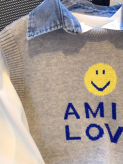 Smile Face & Letter Print Sweater Vest, Casual Sleeveless Vest For Fall & Winter, Women's Clothing