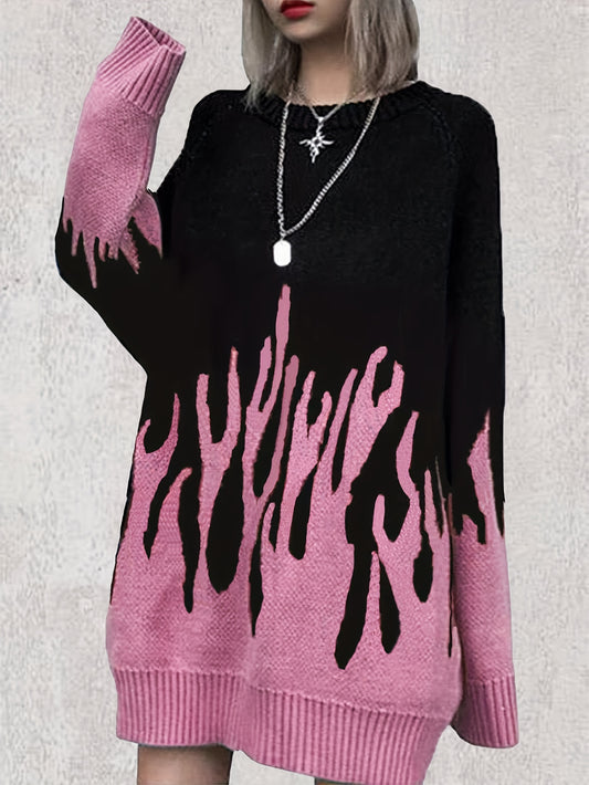 Flame Pattern Sweater Dress, Casual Crew Neck Long Sleeve Dress, Women's Clothing