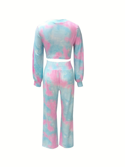 two-piece Tie Dye Casual Set - Long Sleeve Crop Top & Flare Leg Pants for Women's Comfortable & Stylish Outfits