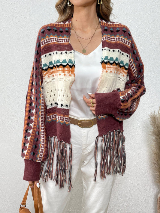 Sixsr Ethnic Graphic Pattern Tassel Cardigan, Vintage Open Front Cardigan For Spring & Fall, Women's Clothing