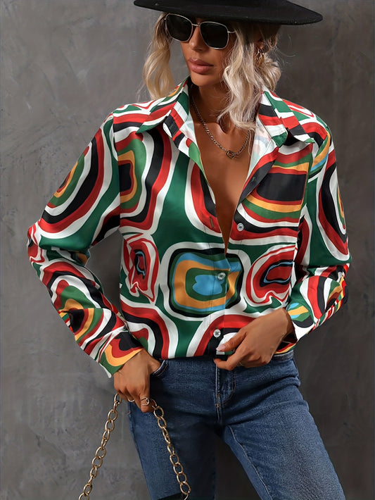 Sixsr Abstract Print Shirt, Casual Button Front Long Sleeve Shirt, Women's Clothing