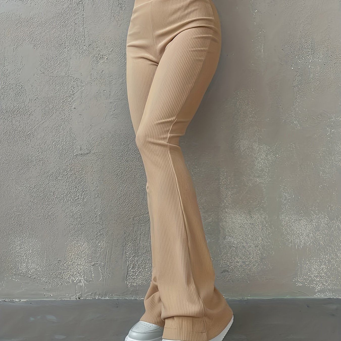 Sixsr Solid Ribbed Flare Leg Pants, High Waist Slim Elastic Pants, Women's Clothing