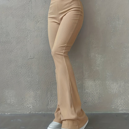 Sixsr Solid Ribbed Flare Leg Pants, High Waist Slim Elastic Pants, Women's Clothing