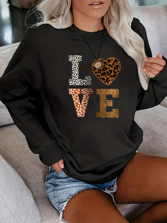 Sixsr Plus Size Casual Tops For Fall & Winter, Women's Plus Funny Letter Print Long Sleeve Crew Neck Pullover Sweatshirt