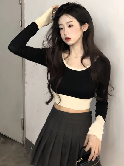 Sixsr Color Block Scoop Neck Knitted Top, Vintage Long Sleeve Crop Fashion Sweater, Women's Clothing