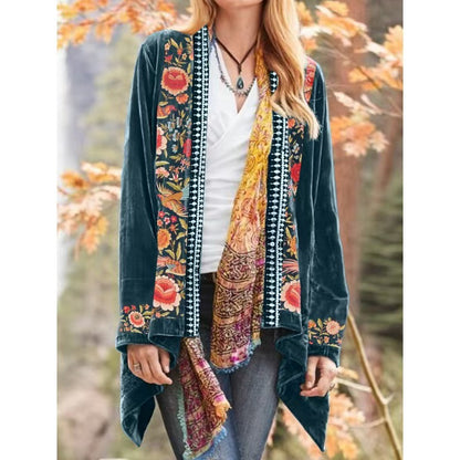Ladies Velvet Print Cardigan Red Coat Long Sleeve Palace Style Fashion Vintage Ladies Fall Coat Casual Loose Women Jacket Coat