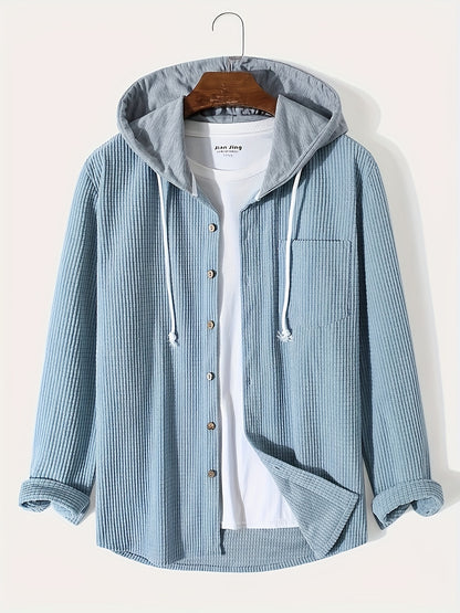 Sixsr Waffle Pattern Hoodie Shirt Coat For Men Long Sleeve Casual Regular Fit Button Up Hooded Shirts Jacket