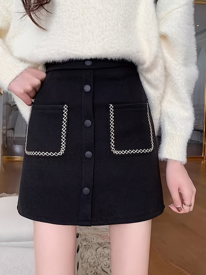 Sixsr Button Decor High Waist Skirt, Chic Dual Pockets A-line Skirt, Women's Clothing