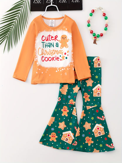 1set Festive Christmas Gingerbread Girl Flared Pants Outfit, Long Sleeve Round Neck Top with "Cuter Than a Christmas Cookie" Print, Casual Knit Polyester Spandex Blend, Stretchy Holiday Set for Kids, for Outdoor