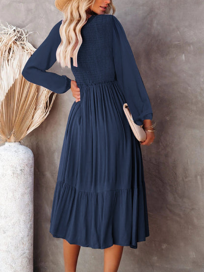 Sixsr Casual Solid Draped Midi Dress, Sexy Long Sleeve V-neck Loose Flowy Swing Babydoll Dresses, Women's Clothing