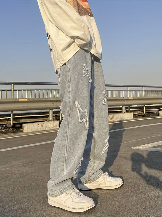 Sixsr Men's  Embroidery Wide Leg Denim Jeans