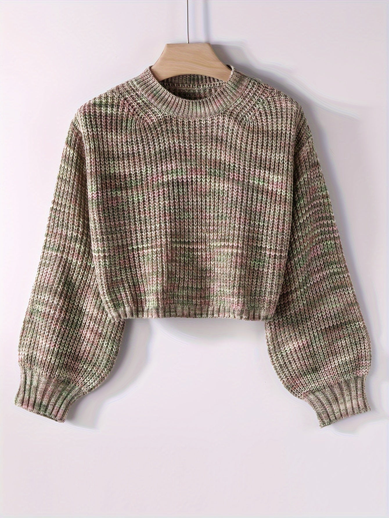 Sixsr Solid Crew Neck Crop Sweater, Casual Lantern Sleeve Comfy Pullover Sweater, Women's Clothing