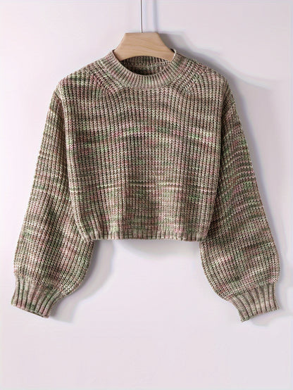 Sixsr Solid Crew Neck Crop Sweater, Casual Lantern Sleeve Comfy Pullover Sweater, Women's Clothing