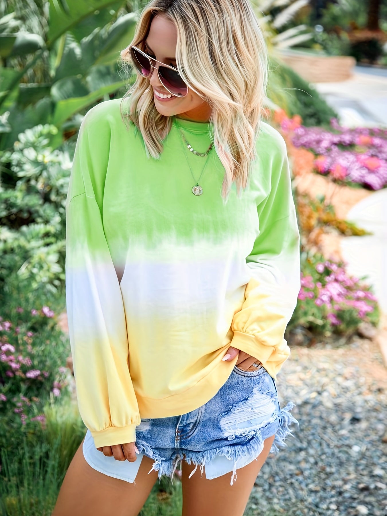 Gradient Tie Dye T-Shirt, Long Sleeve Crew Neck Casual Top For Spring & Fall, Women's Clothing