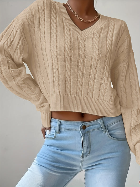 Sixsr Cable Knit V Neck Pullover Sweater, Casual Solid Long Sleeve Crop Sweater, Women's Clothing