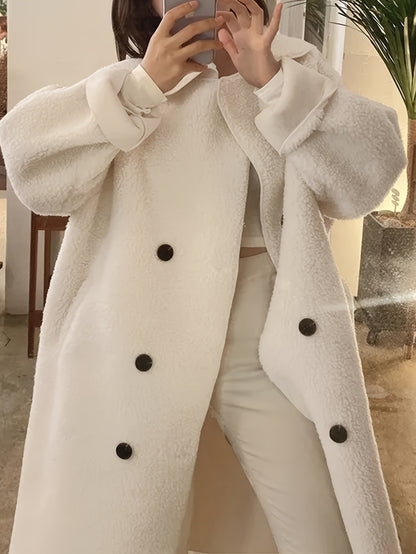 Sixsr Solid Double Breasted Belted Overcoat, Elegant Long Sleeve Outwear For Fall & Winter, Women's Clothing