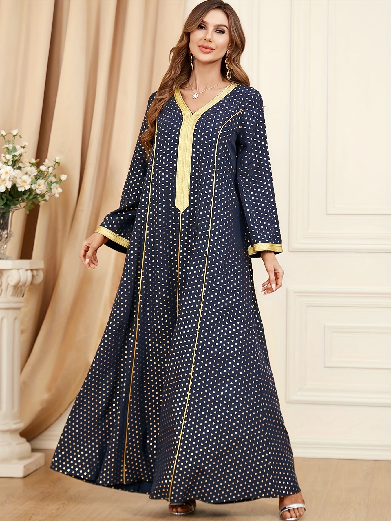 Sixsr Pin Dot Maxi Kaftan Dress, Elegant V Neck Long Sleeve Dress, Women's Clothing